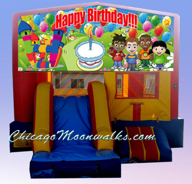 Happy Birthday Party Rental Moonwalk Illinois. Chicago Kids Party Rentals, Bounce Houses are A Perfect Addition. This Inflatable Jumping Jack will Provide Hours of Fun for Children%u2019s Celebrations. Rent a Jumper with a Slide.  Includes Basketball Hoop, Large Jumping Area.